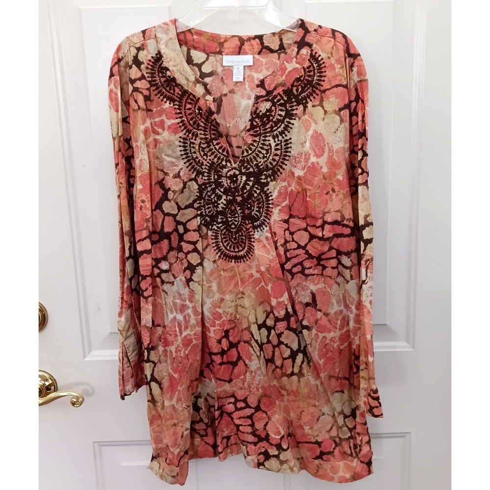New Charter Club XL Marrakesh Animal Print Embellished Cotton Tunic Top